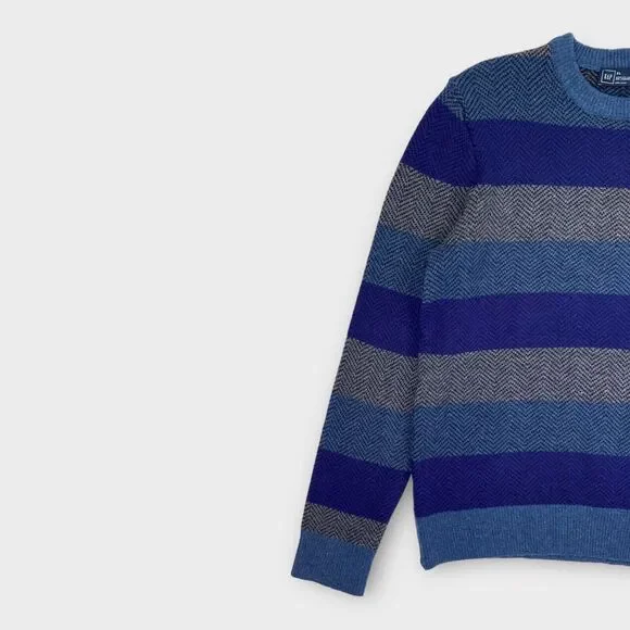 $59 Gap Sweater Mens Extra Large Lambs Wool Blue Striped Blend Herringbone - Picture 2 of 11